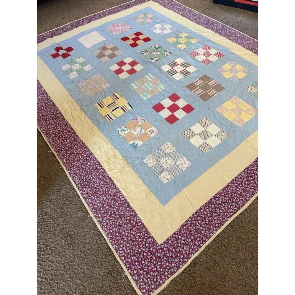 Vtg CottageCore Hand sown Patchwork Quilt 78x94 Reversible Yellow Distressed